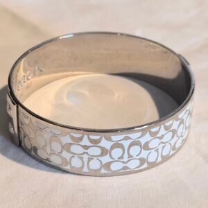 COACH Signature C White Enamel Silver Tone Wide Bangle Bracelet